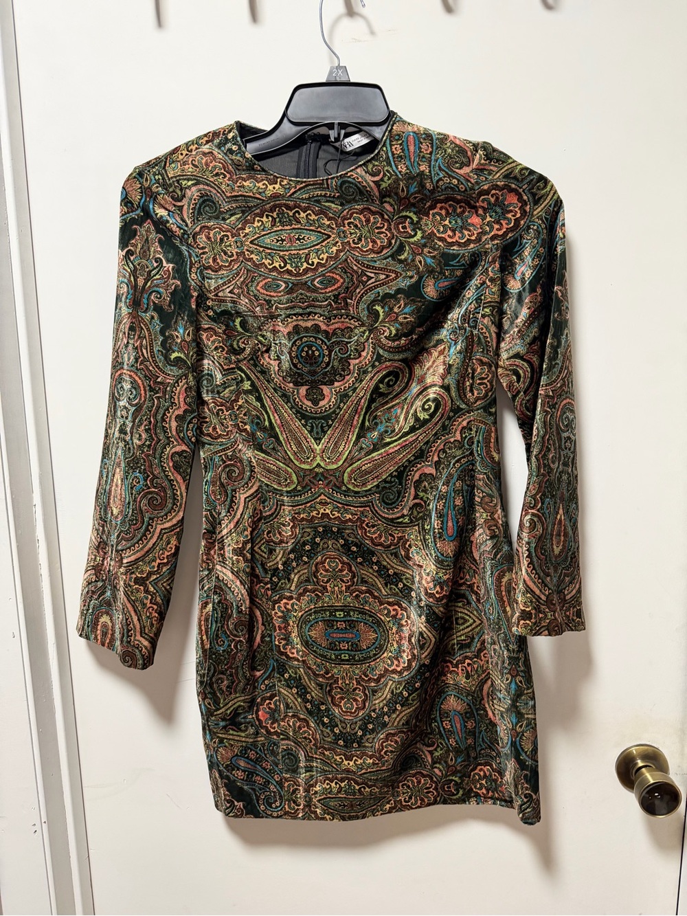 Paisley Velvet Long-Sleeve Dress in Green and Brown